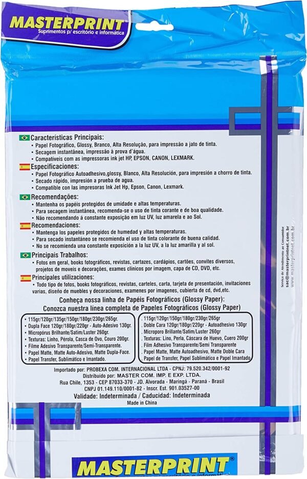 PAPEL FOTOGRAFICO INKJET A4 GLOSSY 180G MASTERPRINT - Imagem 2