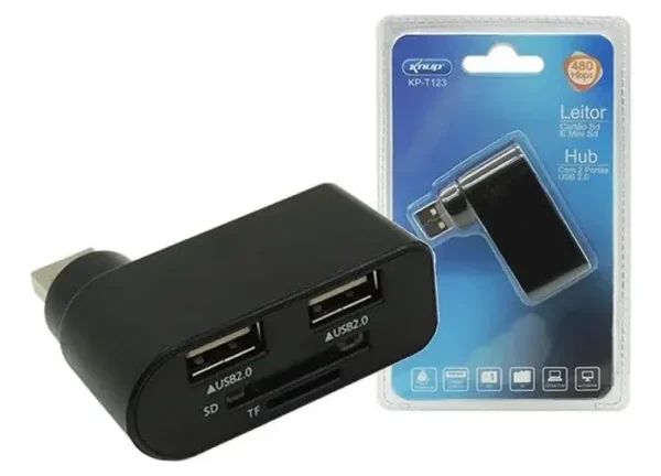 HUB USB 2.0 2 PORTAS CONECTOR GIRATORIO COM LEITORES DE CARTAO DE MEMORIA KNUP KP-T123 - Imagem 1