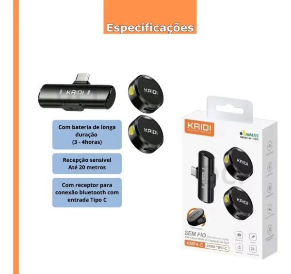 MICROFONE LAPELA SEM FIO KAIDI KMF4-C - Imagem 2